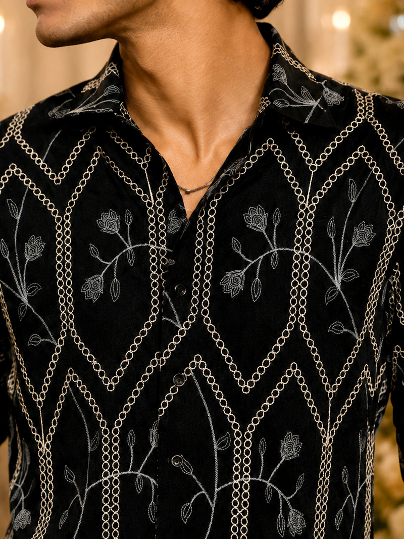 CAHOOT Men's Black Geometric Embroidered Oversized Fit Shirt - view 6