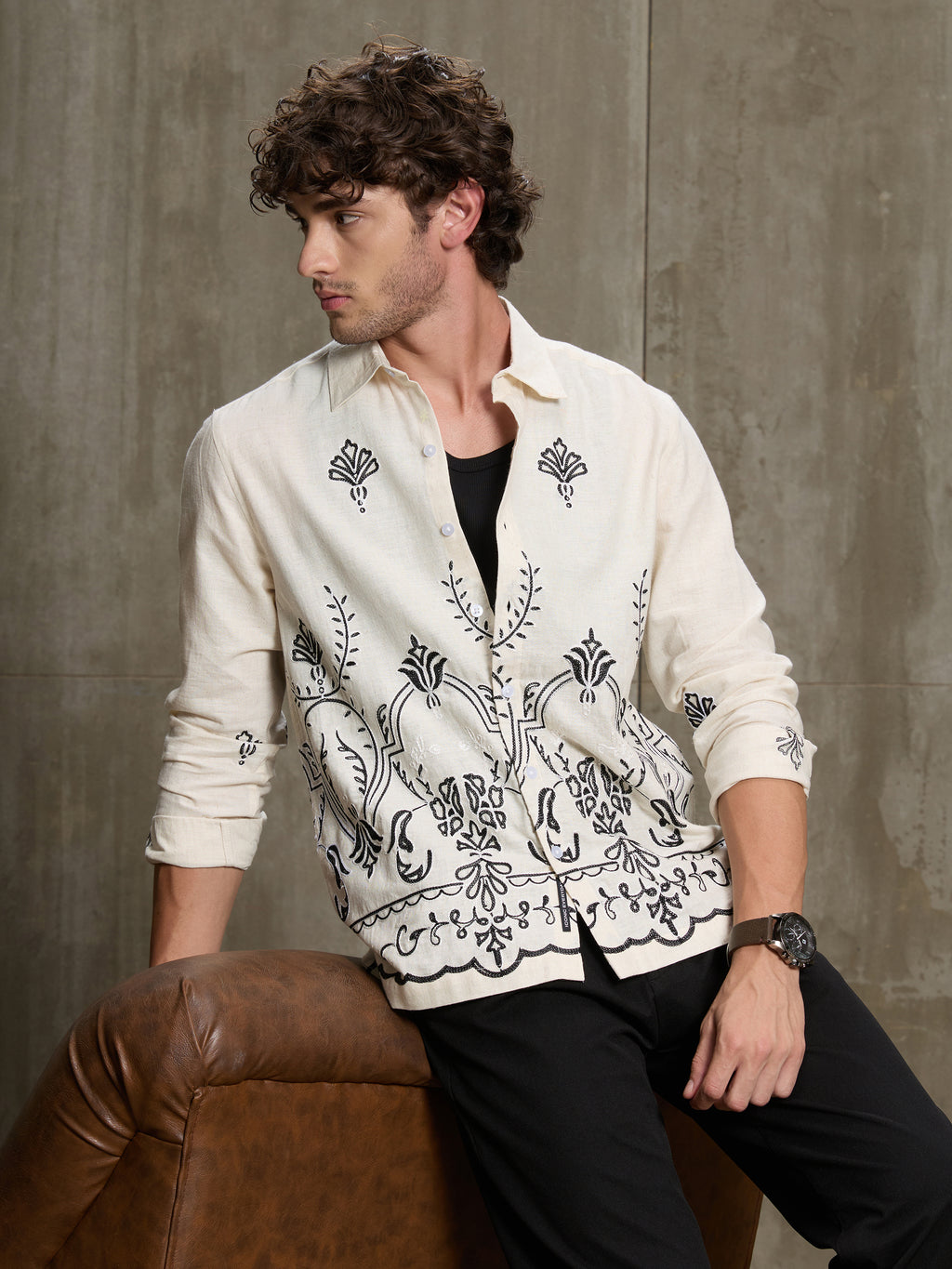 Cahoot Men's Off White Botanical Placement Embroidered Cotton Shirt - view 1