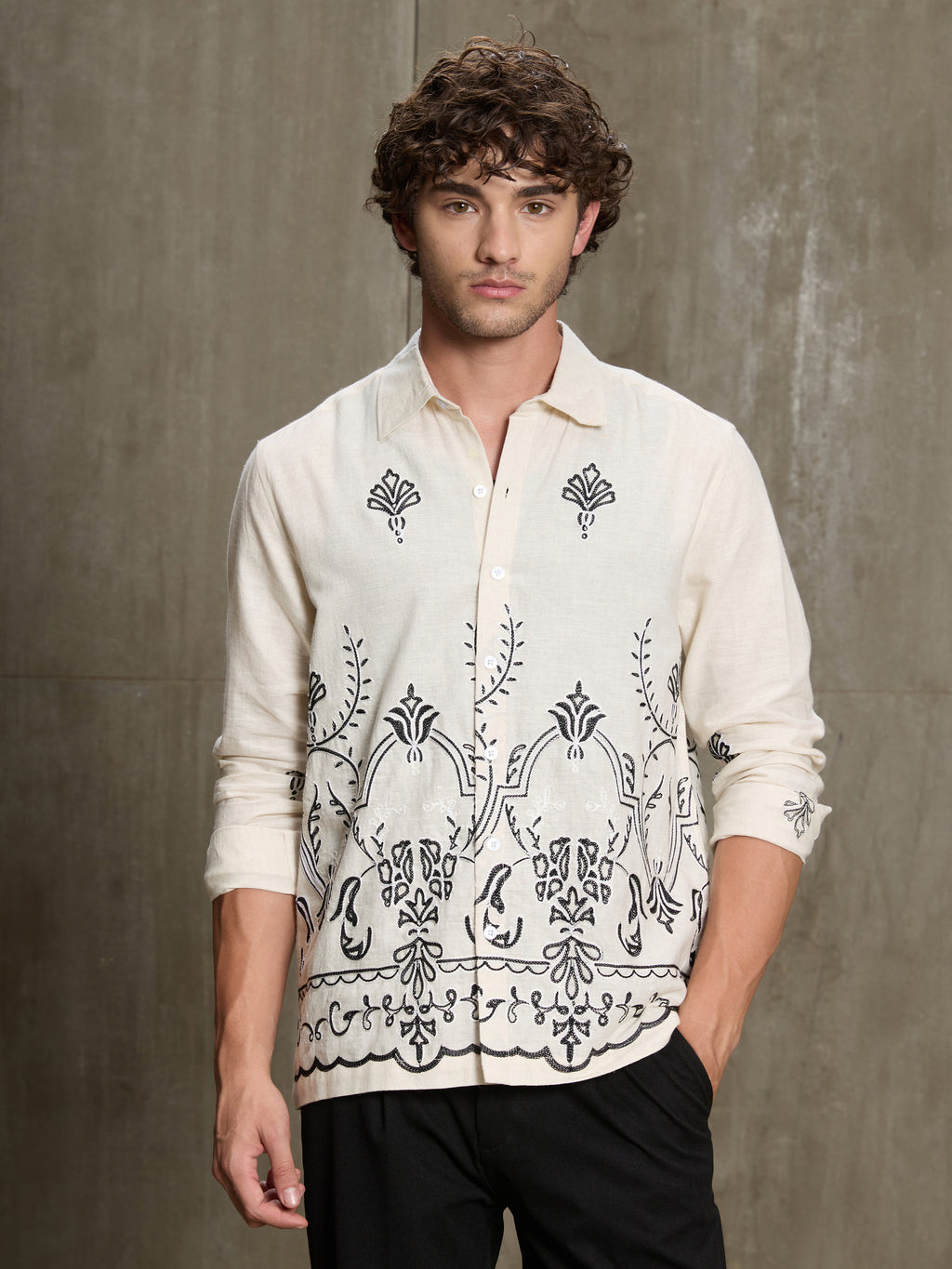 Cahoot Men's Off White Botanical Placement Embroidered Cotton Shirt - view 2