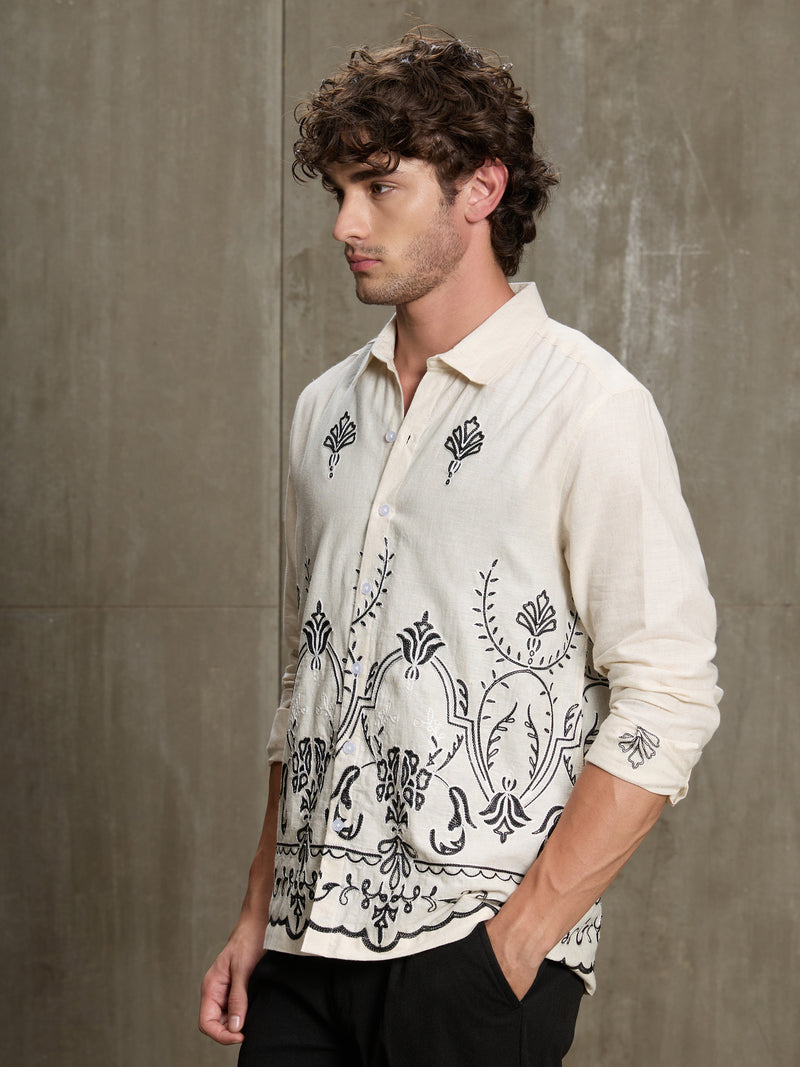 Cahoot Men's Off White Botanical Placement Embroidered Cotton Shirt - view 3