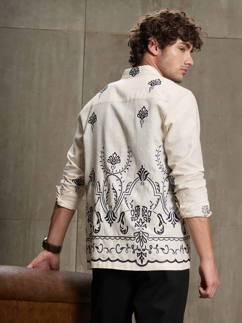 Cahoot Men's Off White Botanical Placement Embroidered Cotton Shirt - view 4