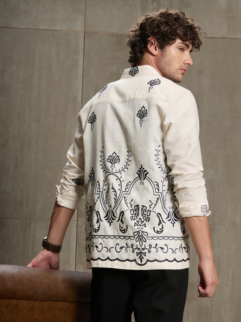 Cahoot Men's Off White Botanical Placement Embroidered Cotton Shirt - view 4