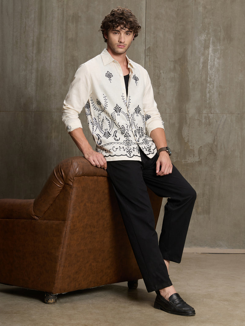 Cahoot Men's Off White Botanical Placement Embroidered Cotton Shirt - view 6