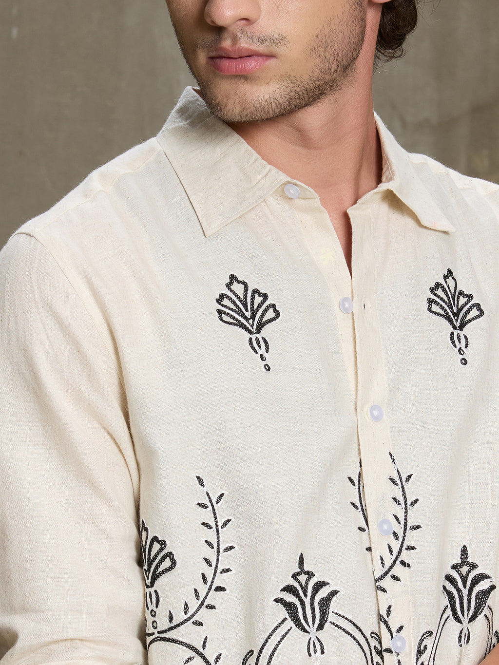Cahoot Men's Off White Botanical Placement Embroidered Cotton Shirt - view 7