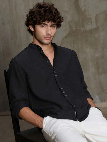 Black Hemp Mandarin Collar Shirt With Triple Button Detailing