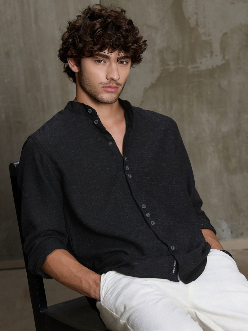 Cahoot Men's Black Hemp Mandarin Collar Shirt With Triple Button Detailing - view 1