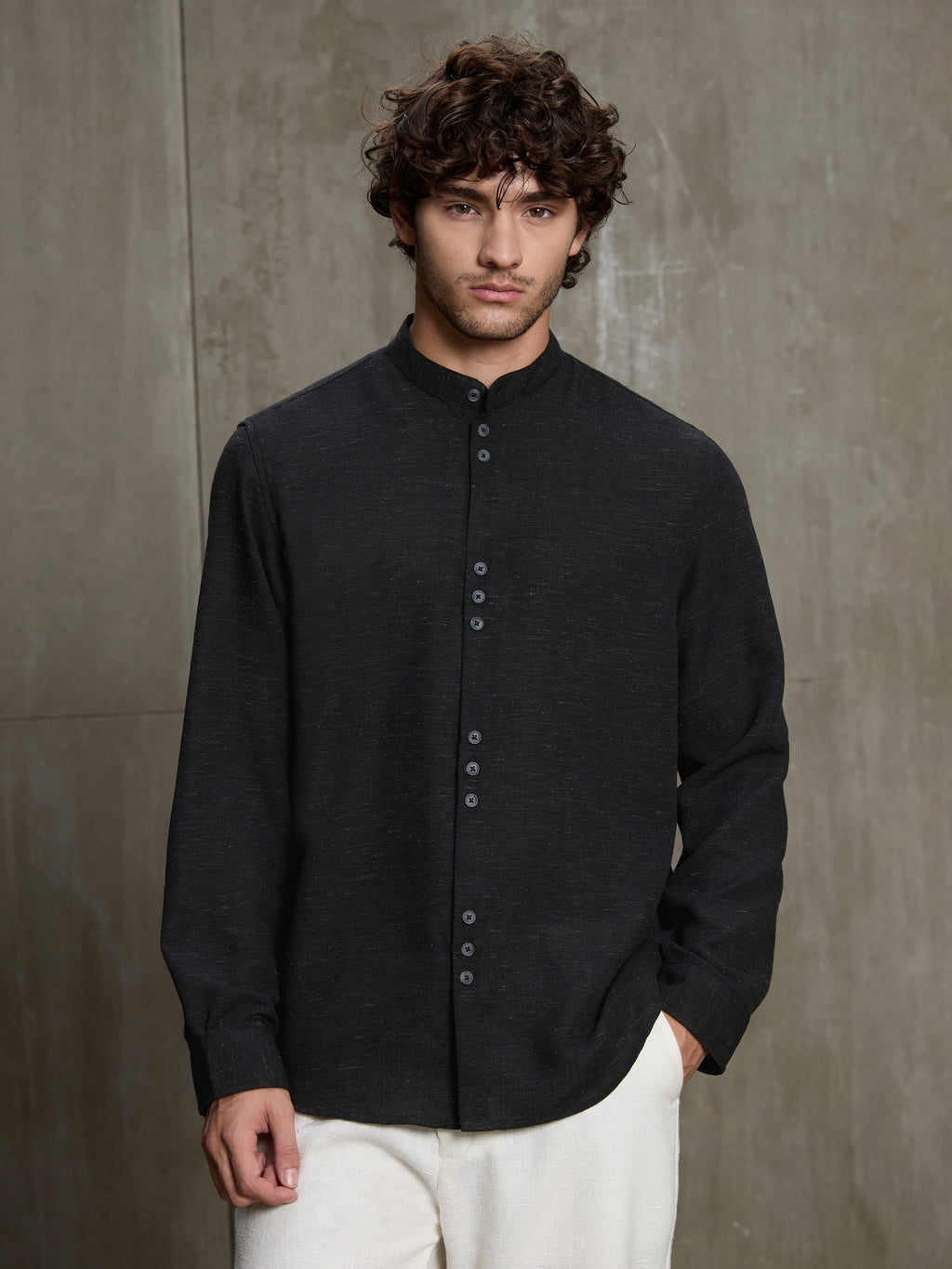 Cahoot Men's Black Hemp Mandarin Collar Shirt With Triple Button Detailing - view 2