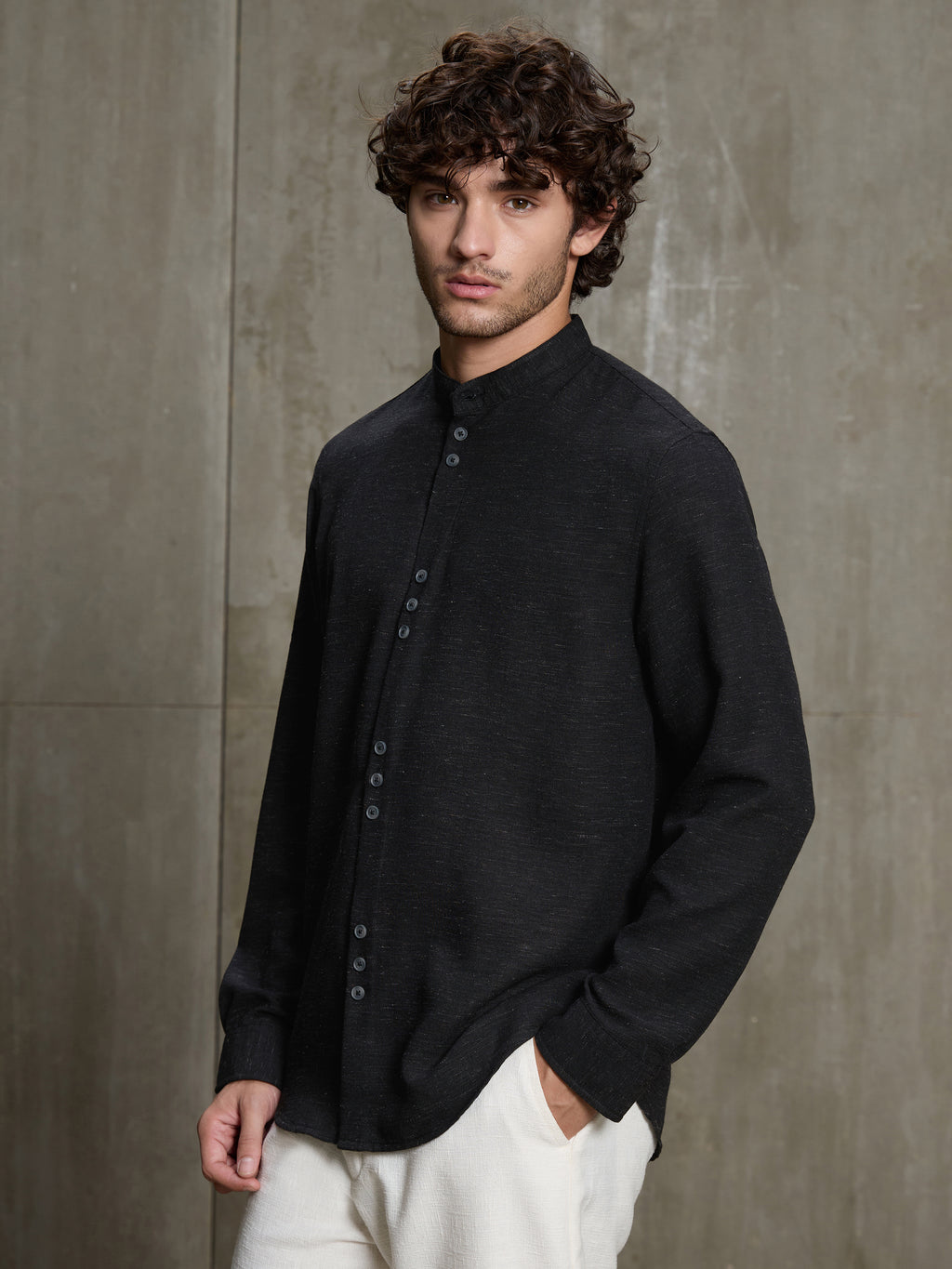Cahoot Men's Black Hemp Mandarin Collar Shirt With Triple Button Detailing - view 3