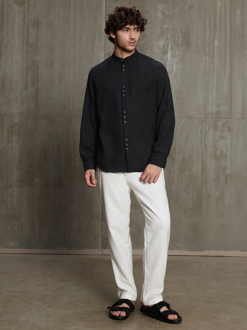 Cahoot Men's Black Hemp Mandarin Collar Shirt With Triple Button Detailing - view 5