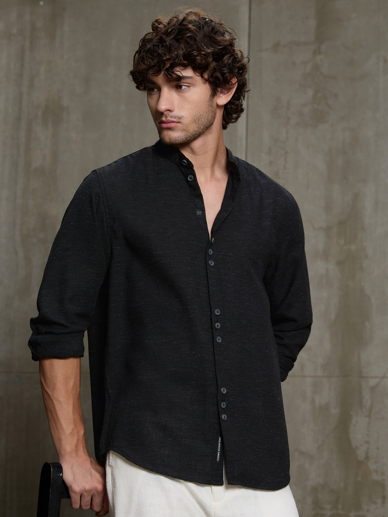 Cahoot Men's Black Hemp Mandarin Collar Shirt With Triple Button Detailing - view 7