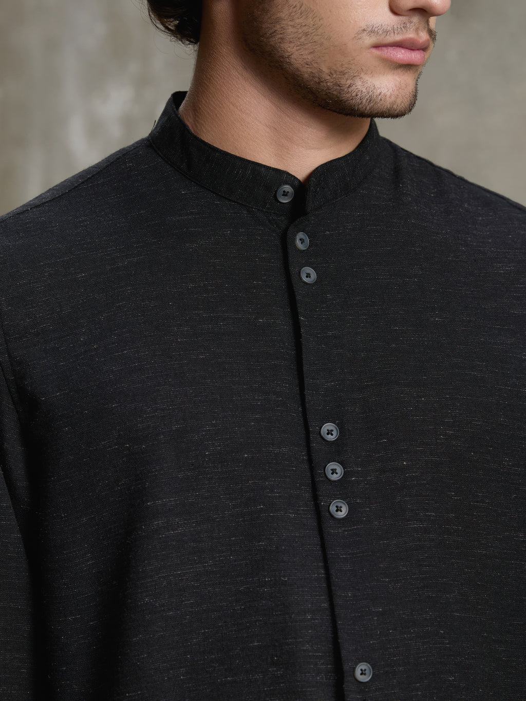 Cahoot Men's Black Hemp Mandarin Collar Shirt With Triple Button Detailing - view 8
