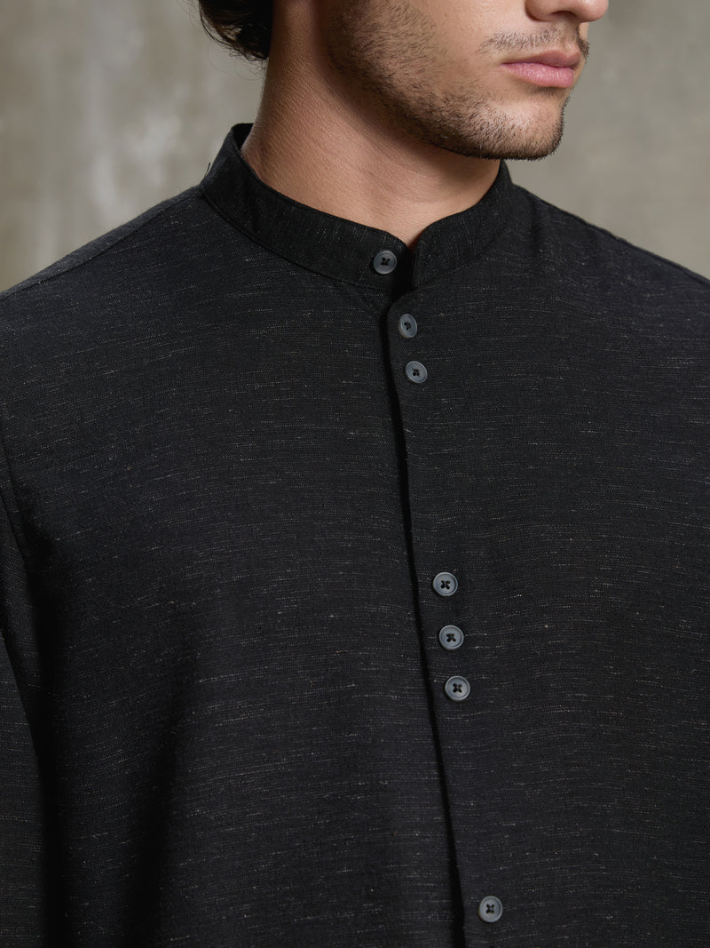 Cahoot Men's Black Hemp Mandarin Collar Shirt With Triple Button Detailing - view 8
