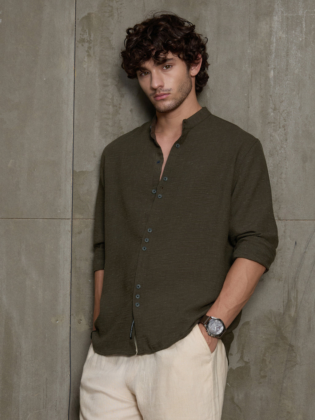 Cahoot Men's Olive Hemp Mandarin Collar Shirt With Triple Button Detailing - view 1