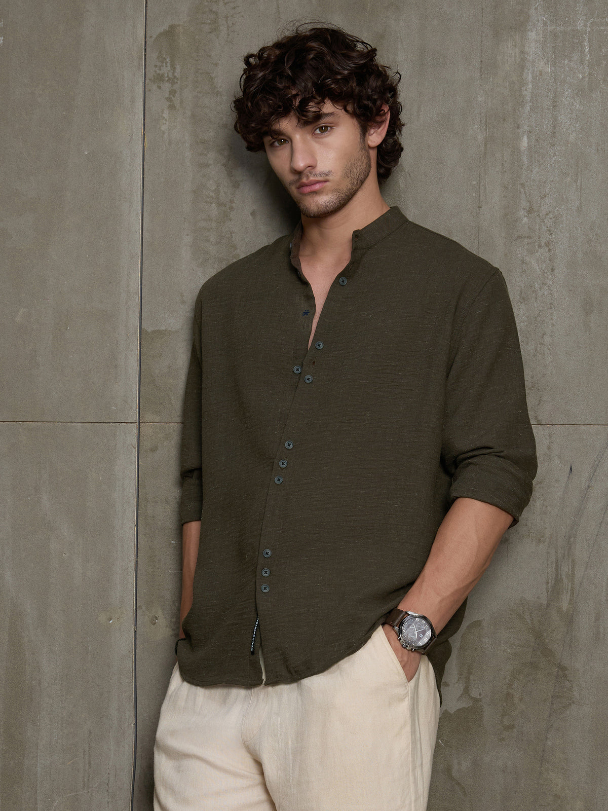 Cahoot Men's Olive Hemp Mandarin Collar Shirt With Triple Button Detailing - view 1