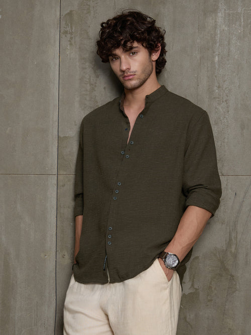 Cahoot Men's Olive Hemp Mandarin Collar Shirt With Triple Button Detailing - view 1