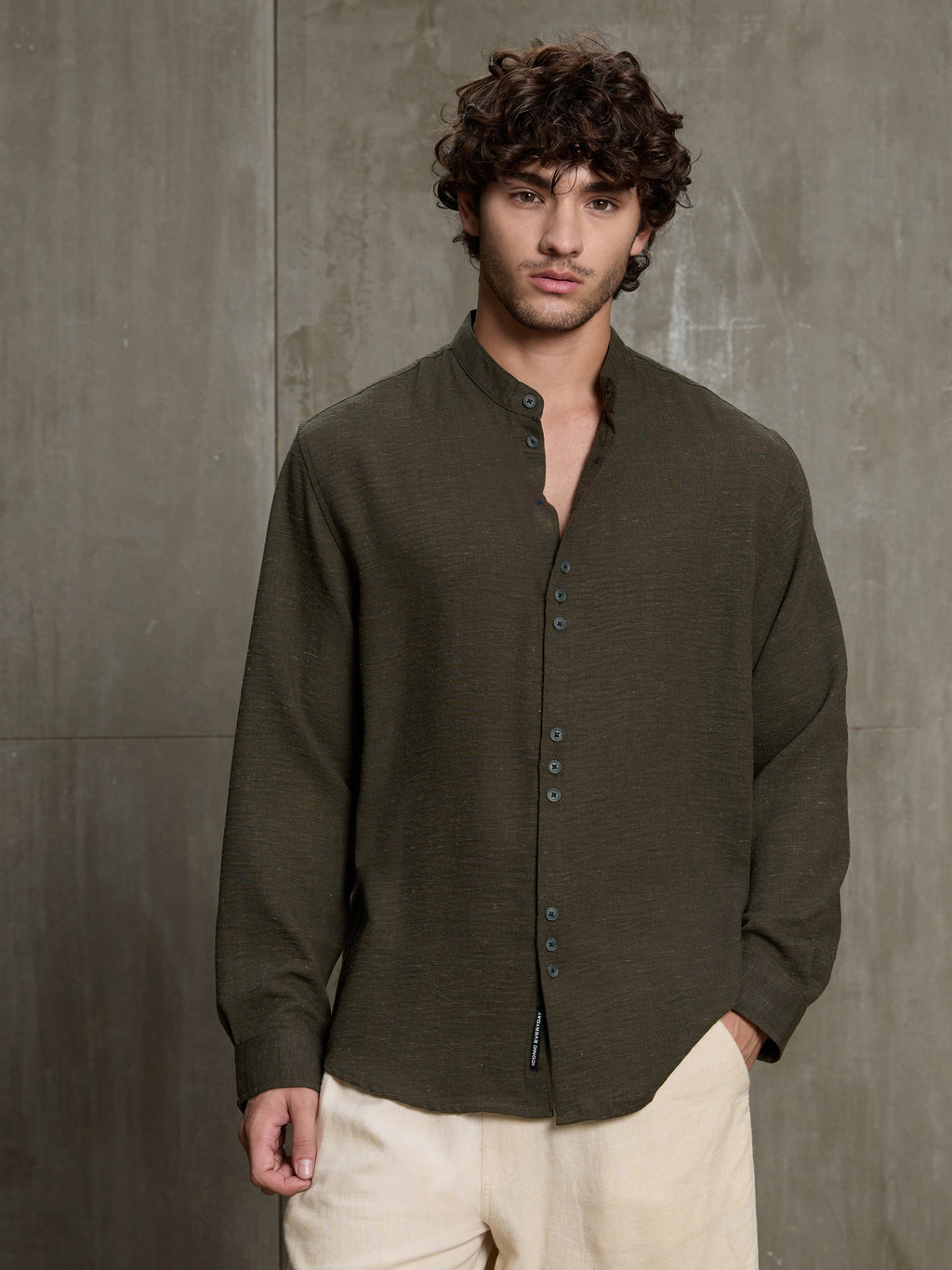 Cahoot Men's Olive Hemp Mandarin Collar Shirt With Triple Button Detailing - view 2