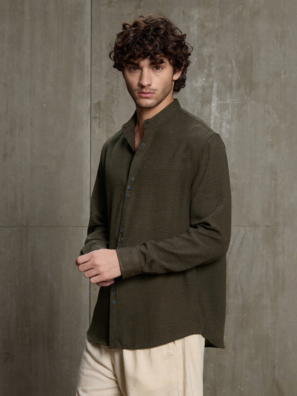 Cahoot Men's Olive Hemp Mandarin Collar Shirt With Triple Button Detailing - view 3