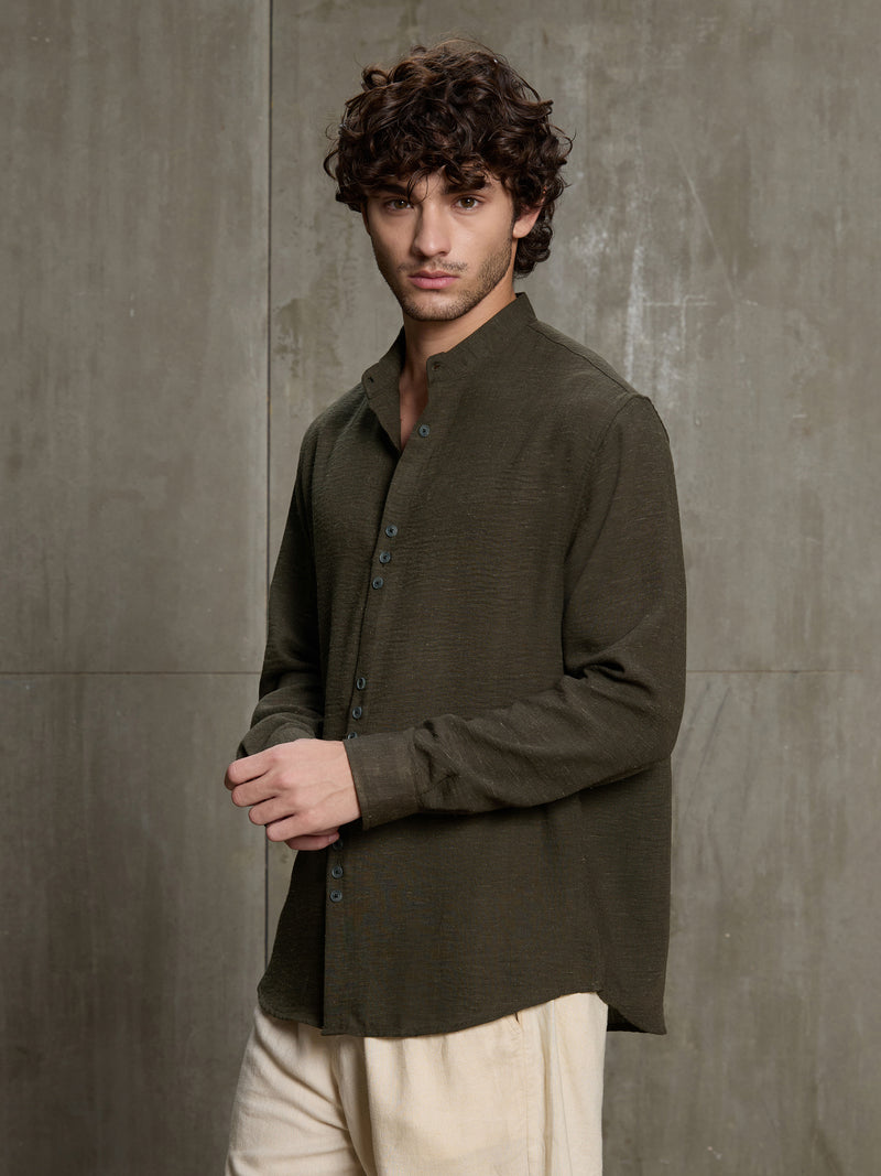 Cahoot Men's Olive Hemp Mandarin Collar Shirt With Triple Button Detailing - view 3