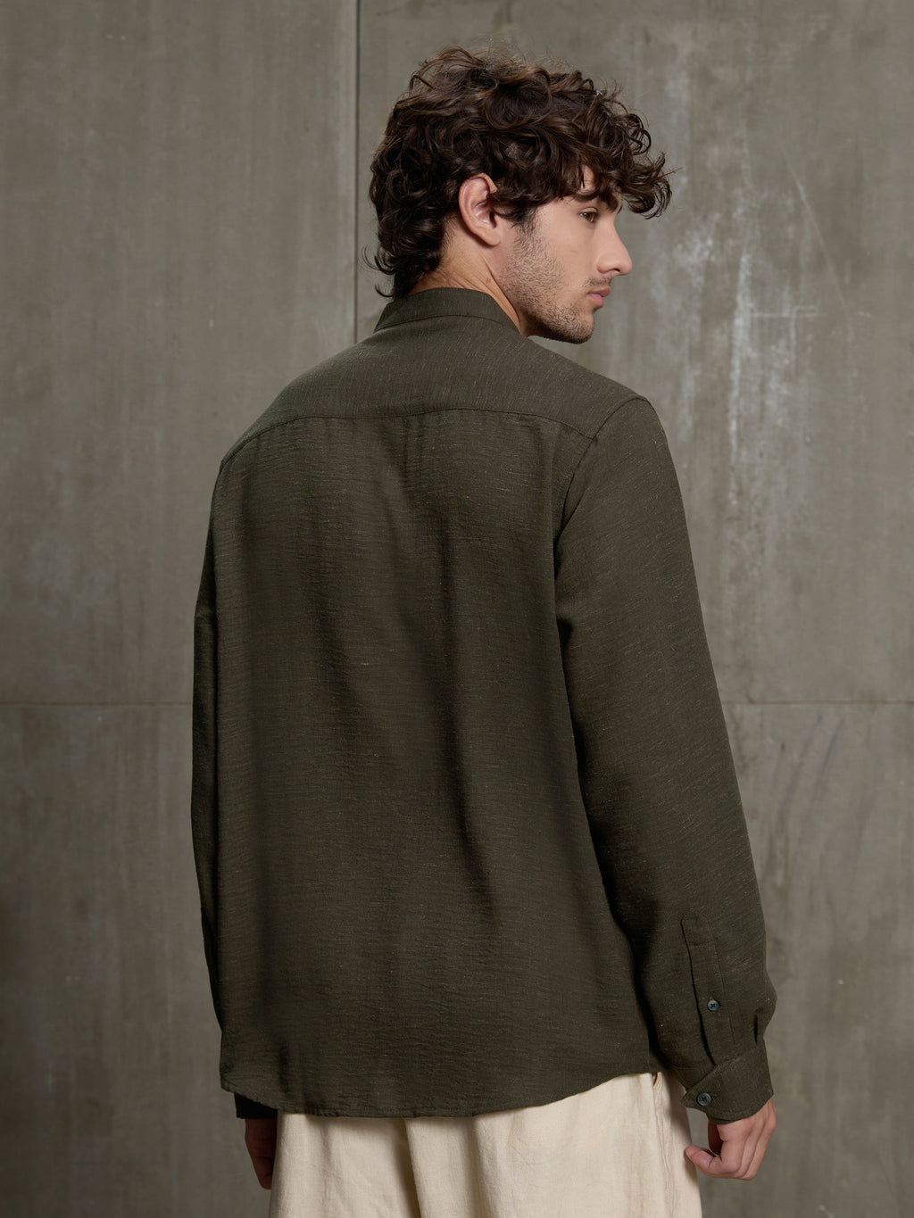 Cahoot Men's Olive Hemp Mandarin Collar Shirt With Triple Button Detailing - view 4