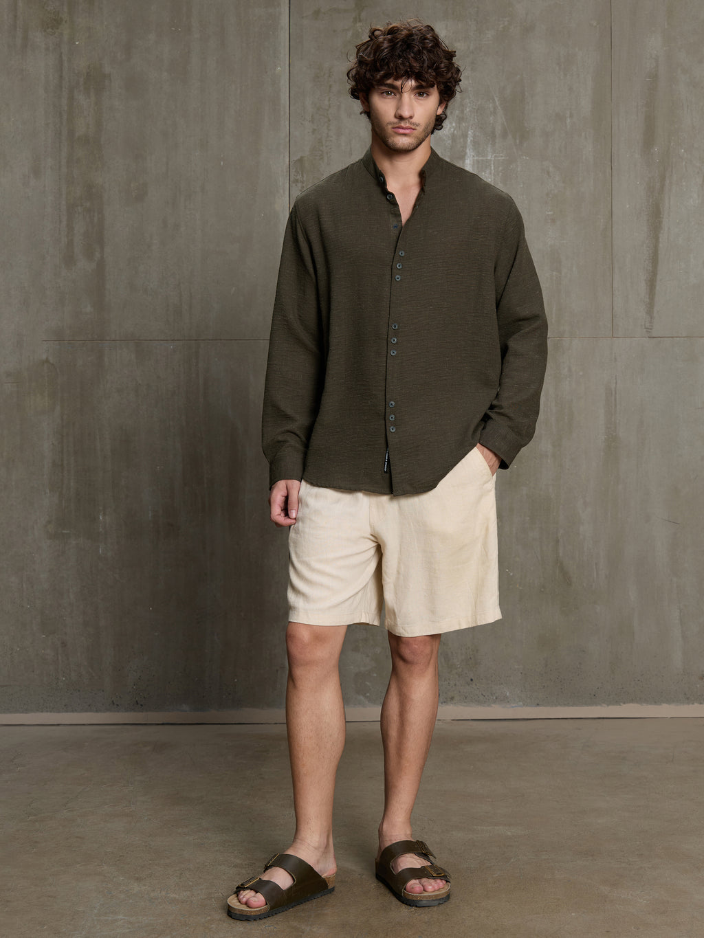 Cahoot Men's Olive Hemp Mandarin Collar Shirt With Triple Button Detailing - view 5
