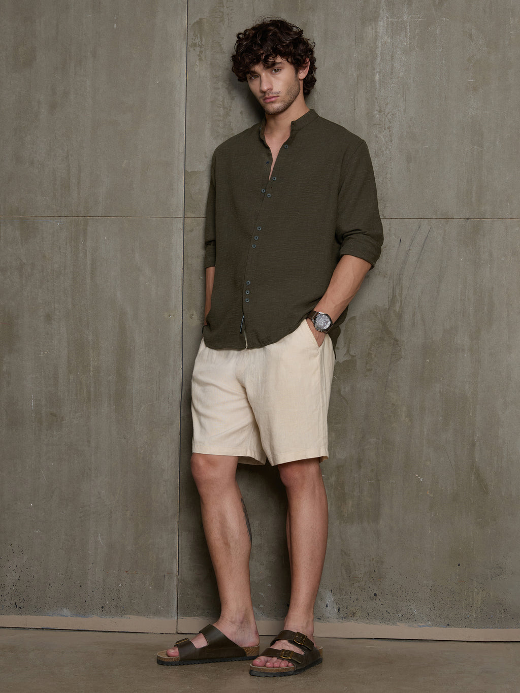 Cahoot Men's Olive Hemp Mandarin Collar Shirt With Triple Button Detailing - view 6