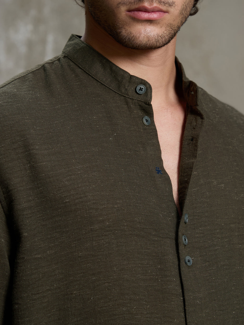 Cahoot Men's Olive Hemp Mandarin Collar Shirt With Triple Button Detailing - view 7