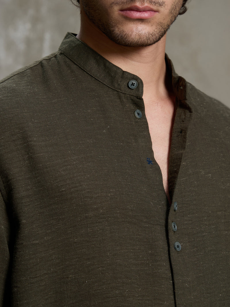 Cahoot Men's Olive Hemp Mandarin Collar Shirt With Triple Button Detailing - view 7