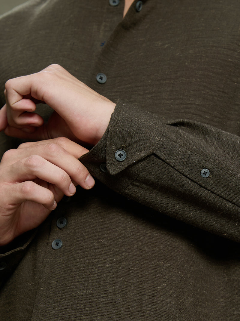 Cahoot Men's Olive Hemp Mandarin Collar Shirt With Triple Button Detailing - view 8
