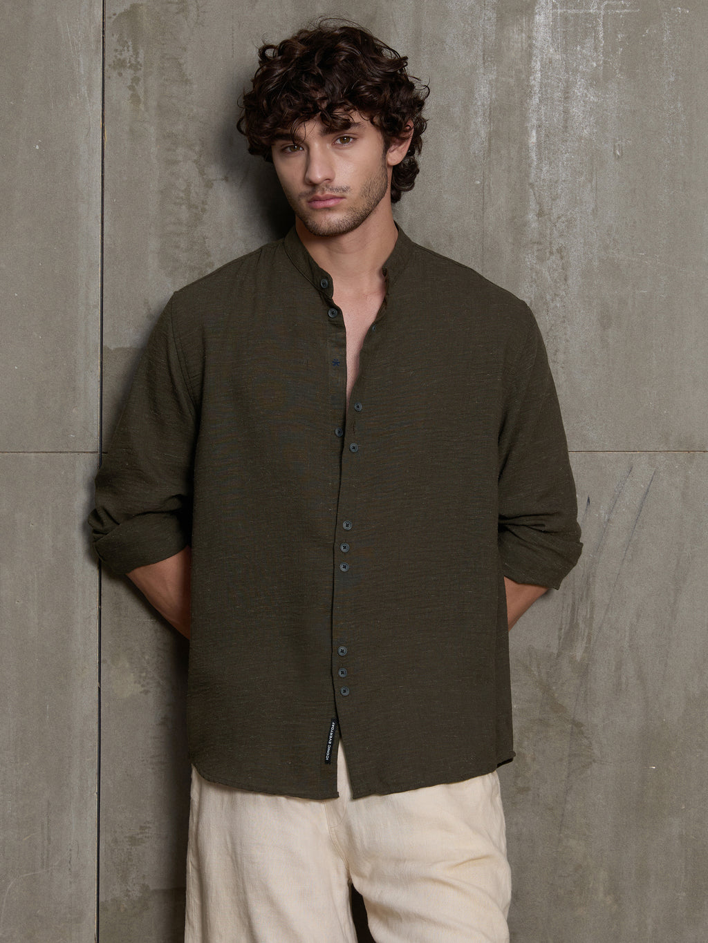 Cahoot Men's Olive Hemp Mandarin Collar Shirt With Triple Button Detailing - view 9