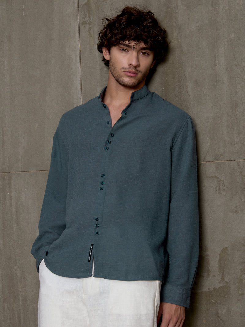 Cahoot Men's Charcoal Blue Hemp Mandarin Collar Shirt With Triple Button Detailing - view 1