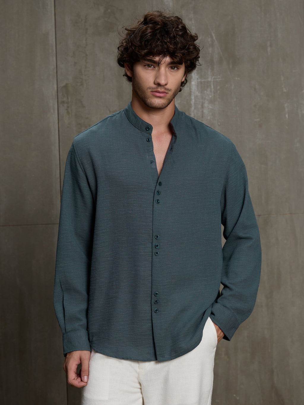 Cahoot Men's Charcoal Blue Hemp Mandarin Collar Shirt With Triple Button Detailing - view 2