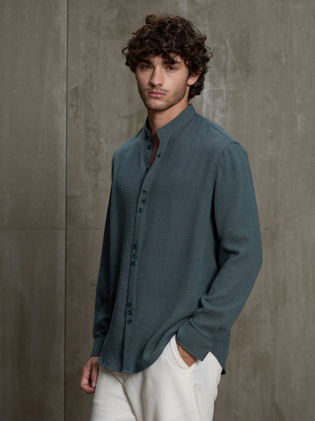 Cahoot Men's Charcoal Blue Hemp Mandarin Collar Shirt With Triple Button Detailing - view 3