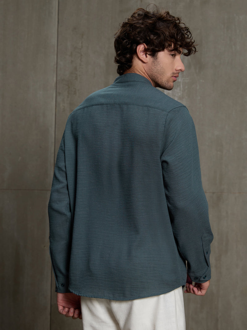 Cahoot Men's Charcoal Blue Hemp Mandarin Collar Shirt With Triple Button Detailing - view 4