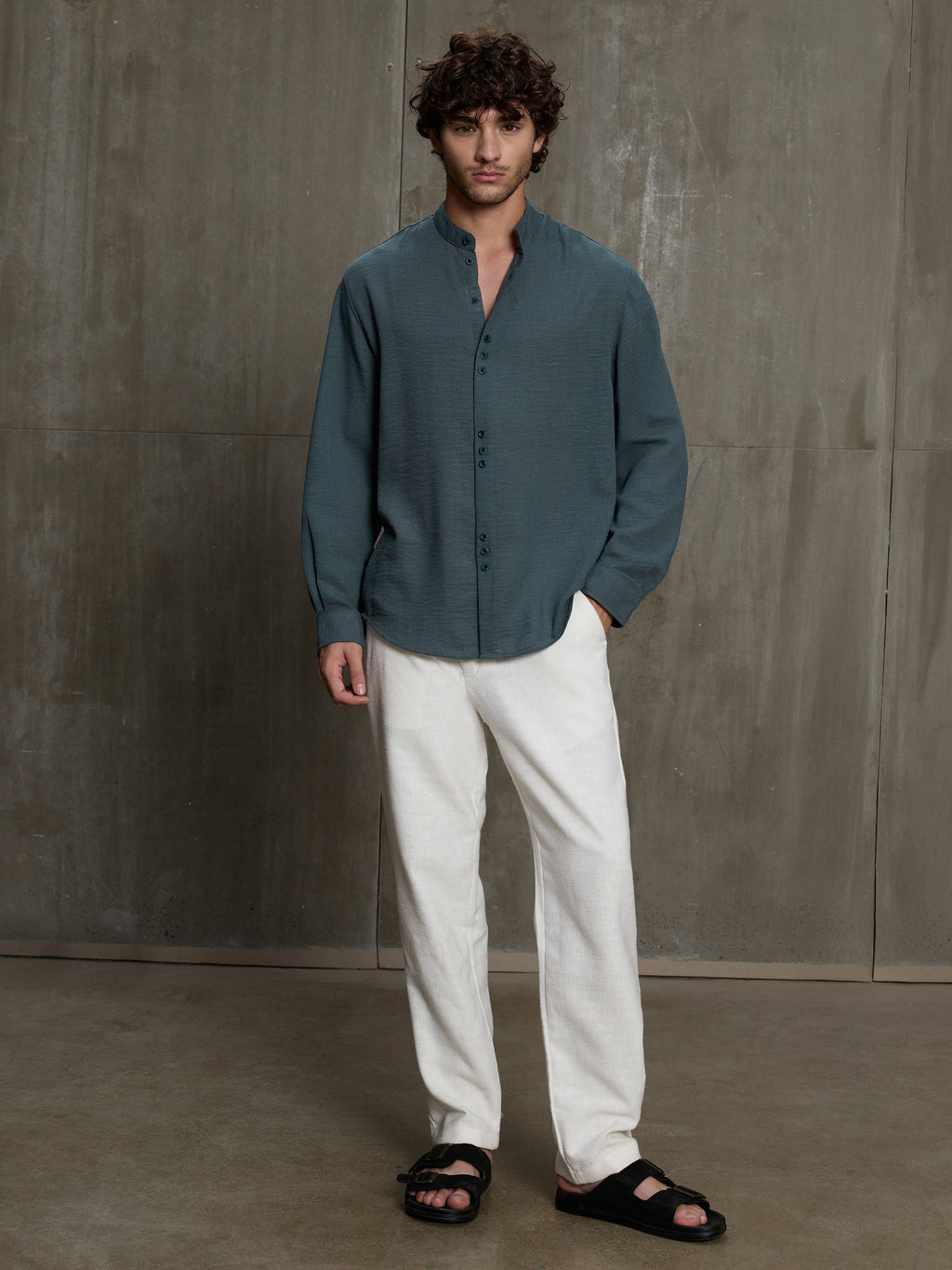 Cahoot Men's Charcoal Blue Hemp Mandarin Collar Shirt With Triple Button Detailing - view 5