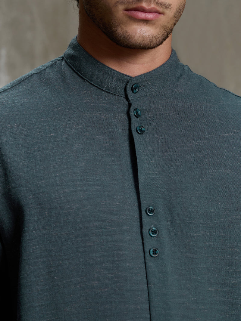 Cahoot Men's Charcoal Blue Hemp Mandarin Collar Shirt With Triple Button Detailing - view 7