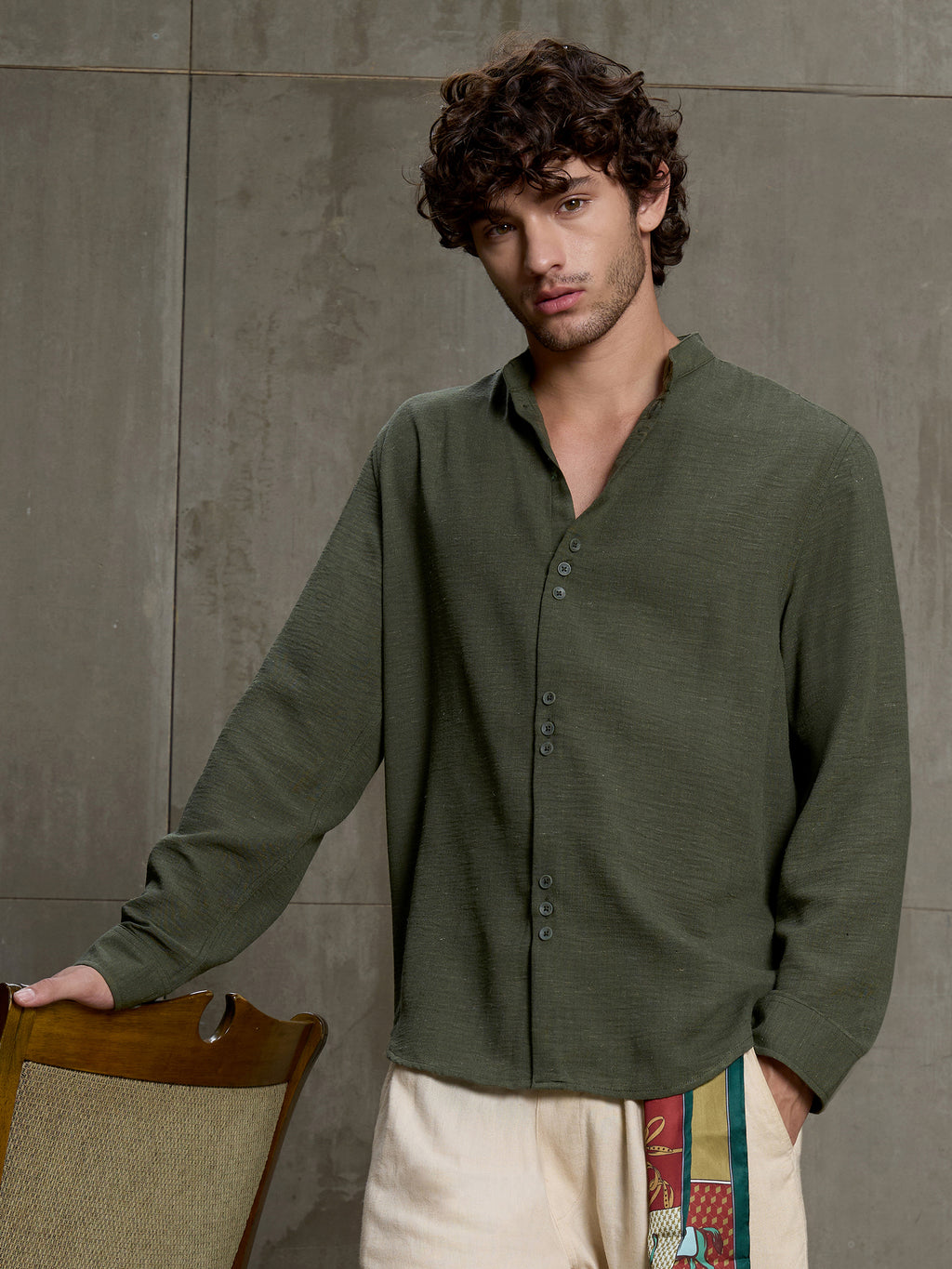 Cahoot Men's Forest Green Hemp Mandarin Collar Shirt With Triple Button Detailing - view 1