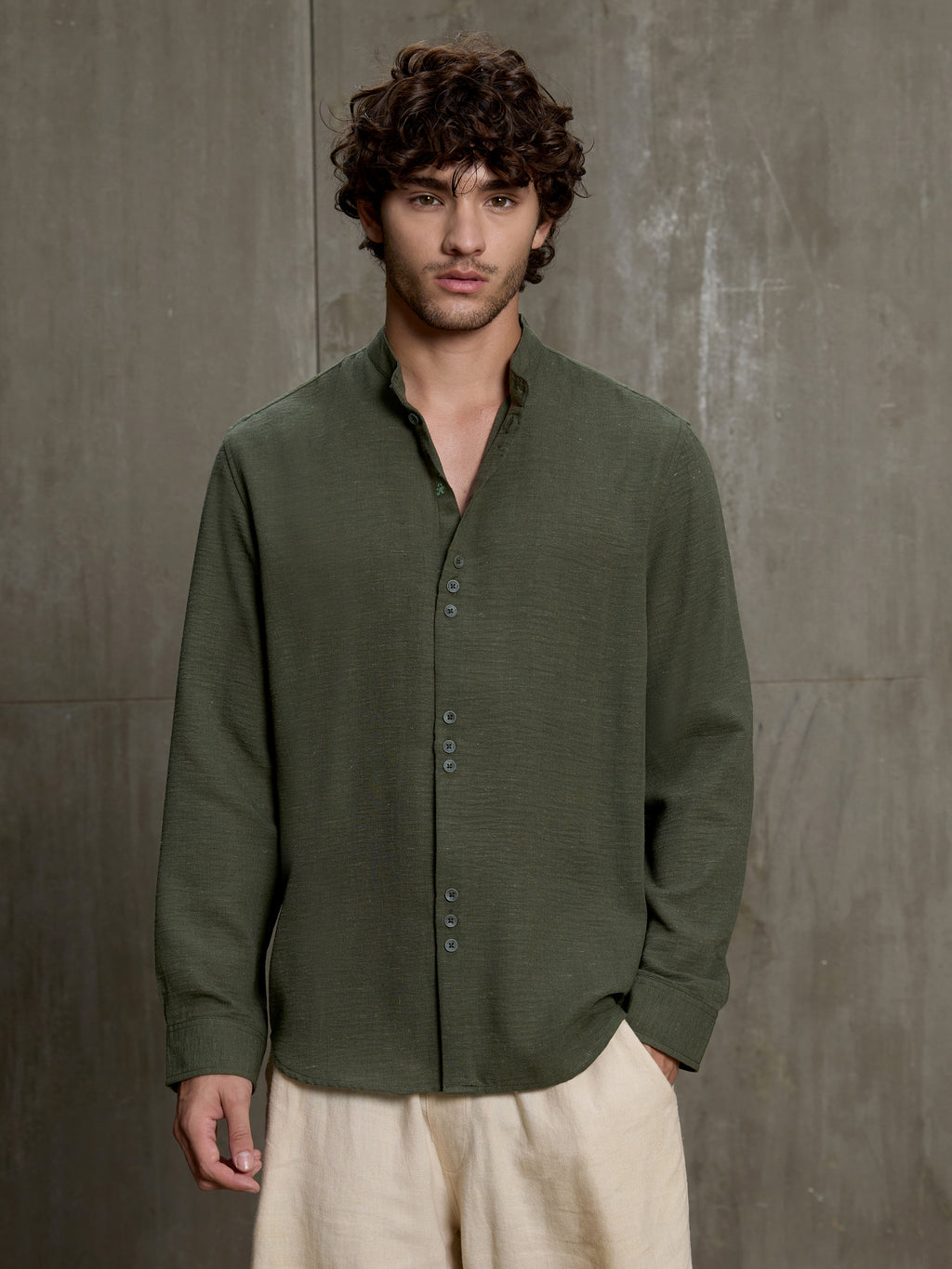Cahoot Men's Forest Green Hemp Mandarin Collar Shirt With Triple Button Detailing - view 2