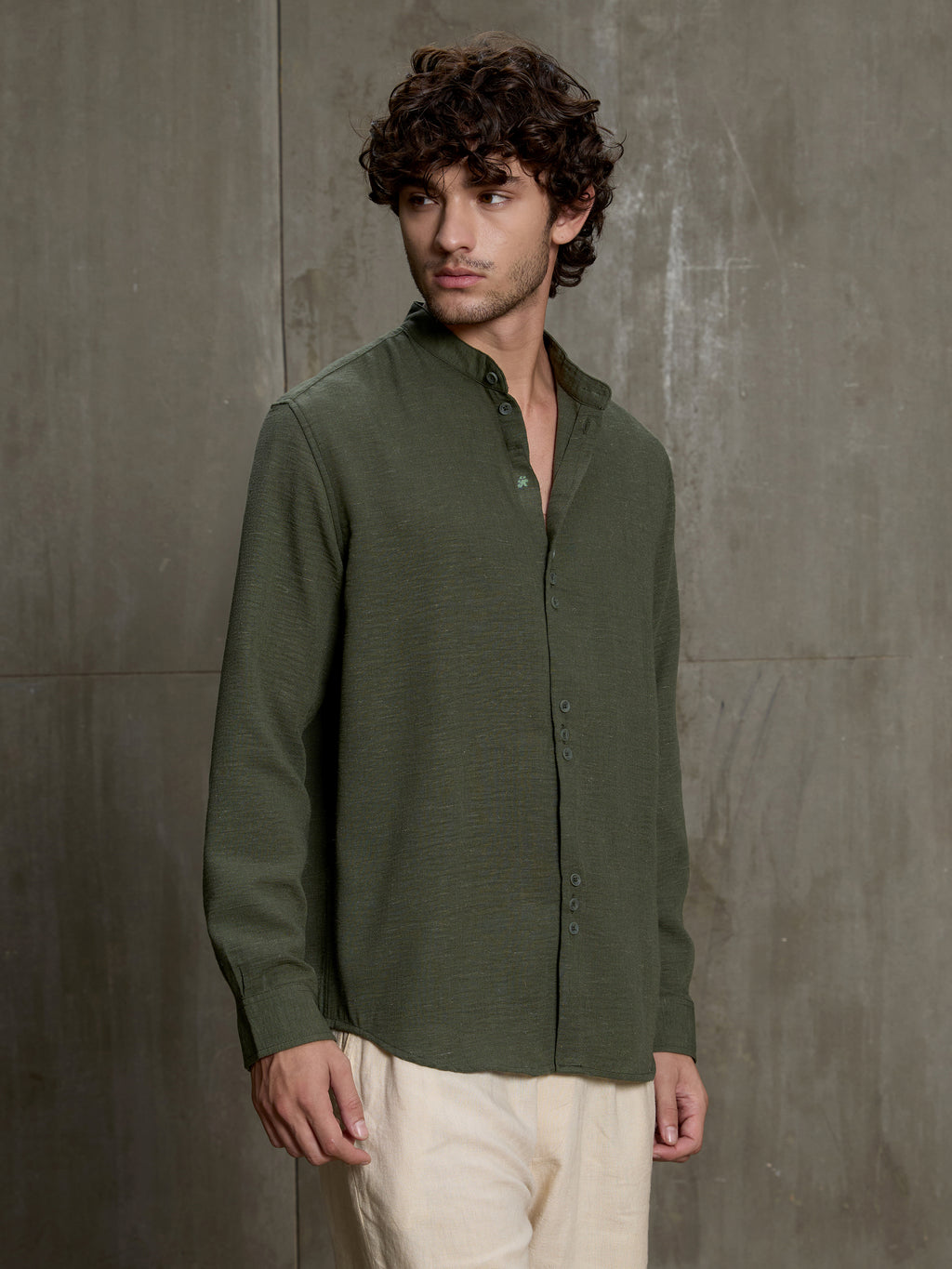 Cahoot Men's Forest Green Hemp Mandarin Collar Shirt With Triple Button Detailing - view 3