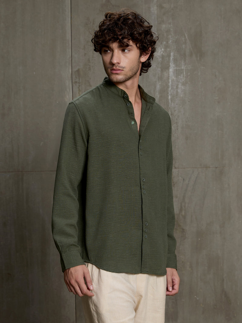 Cahoot Men's Forest Green Hemp Mandarin Collar Shirt With Triple Button Detailing - view 3