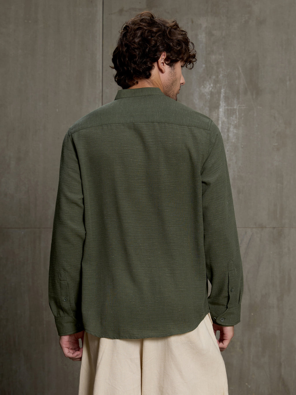 Cahoot Men's Forest Green Hemp Mandarin Collar Shirt With Triple Button Detailing - view 4