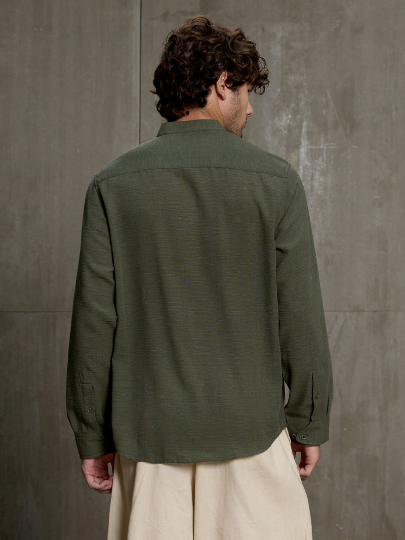 Cahoot Men's Forest Green Hemp Mandarin Collar Shirt With Triple Button Detailing - view 4