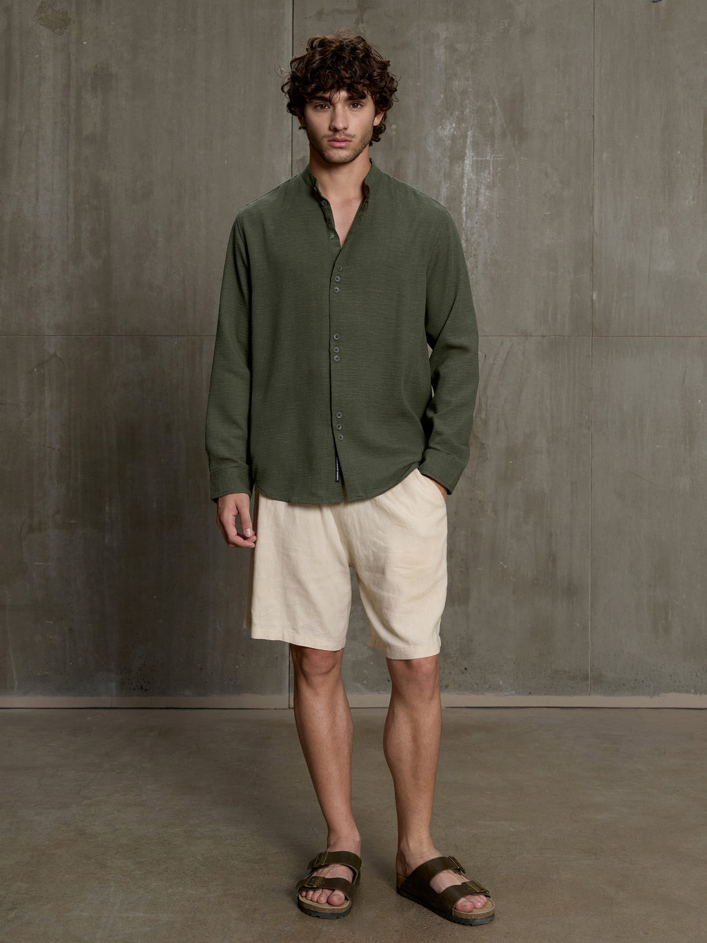 Cahoot Men's Forest Green Hemp Mandarin Collar Shirt With Triple Button Detailing - view 5