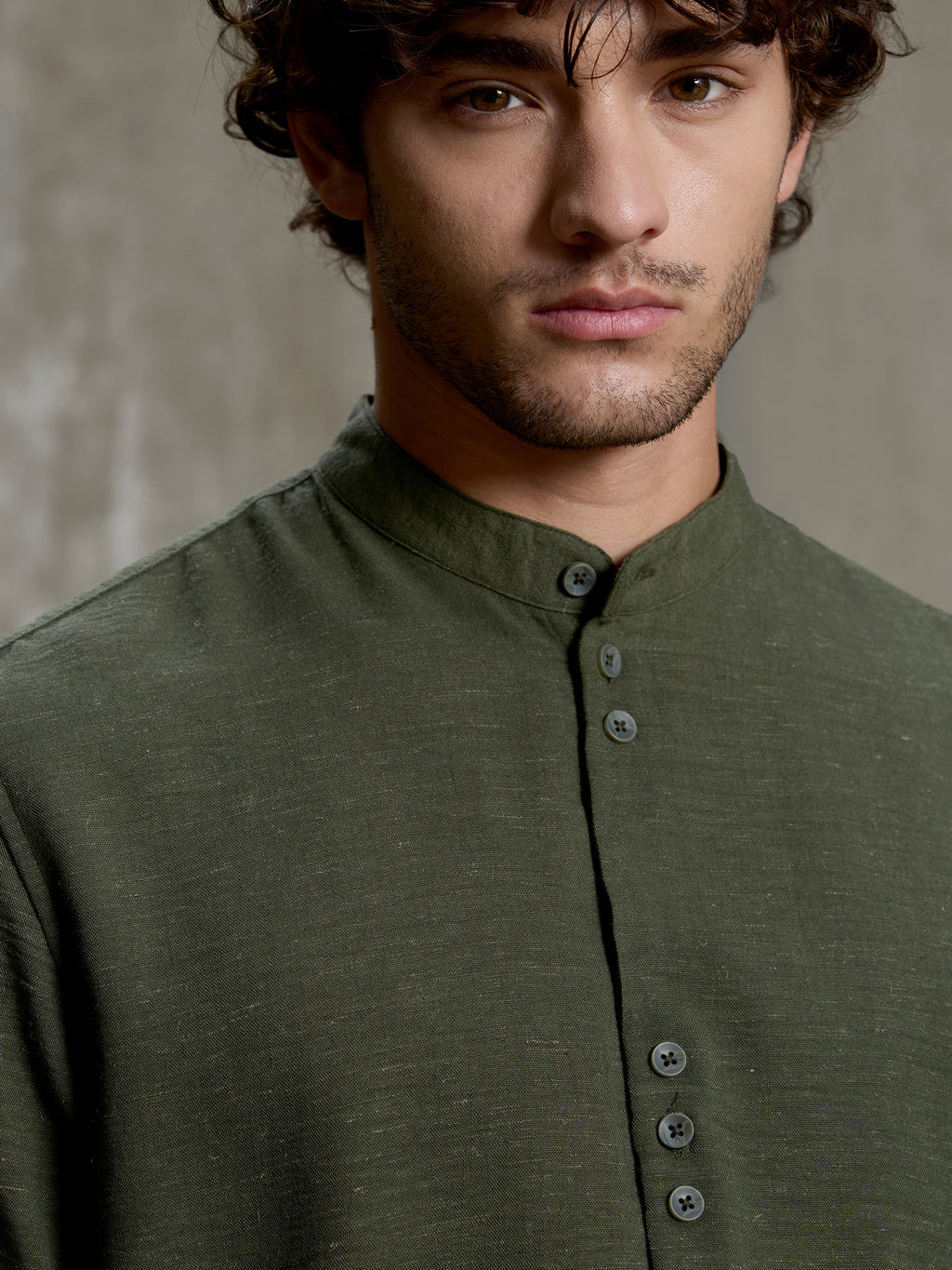 Cahoot Men's Forest Green Hemp Mandarin Collar Shirt With Triple Button Detailing - view 7