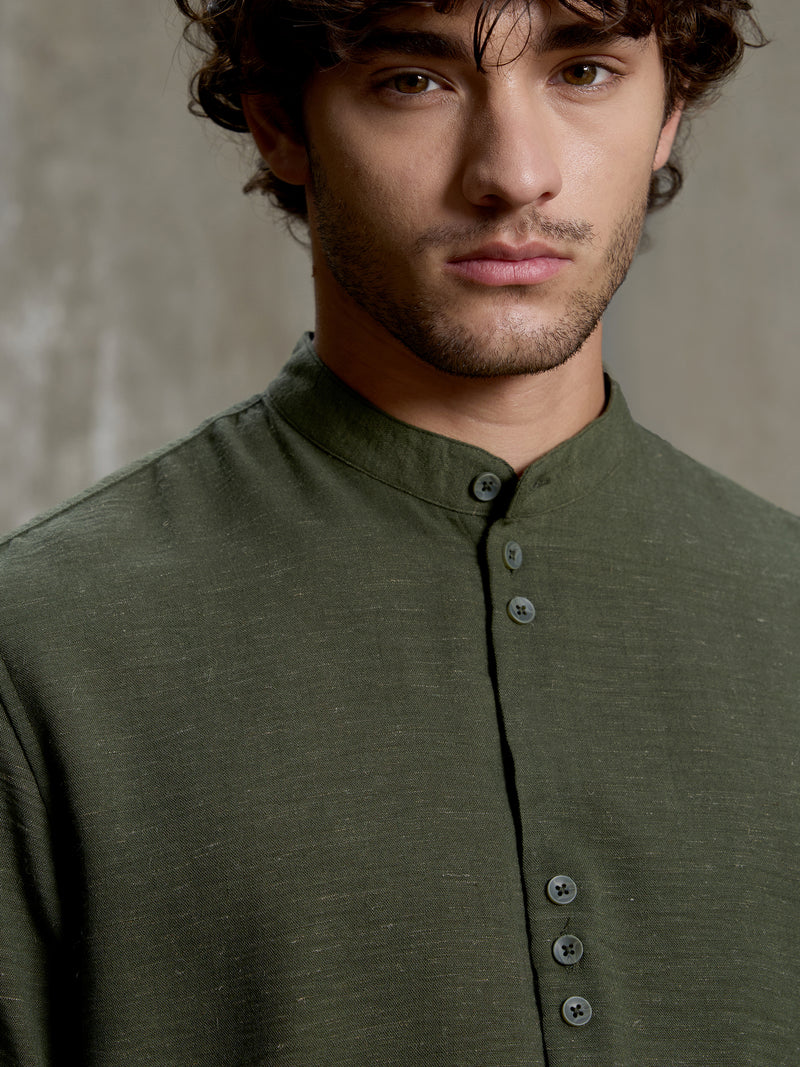 Cahoot Men's Forest Green Hemp Mandarin Collar Shirt With Triple Button Detailing - view 7