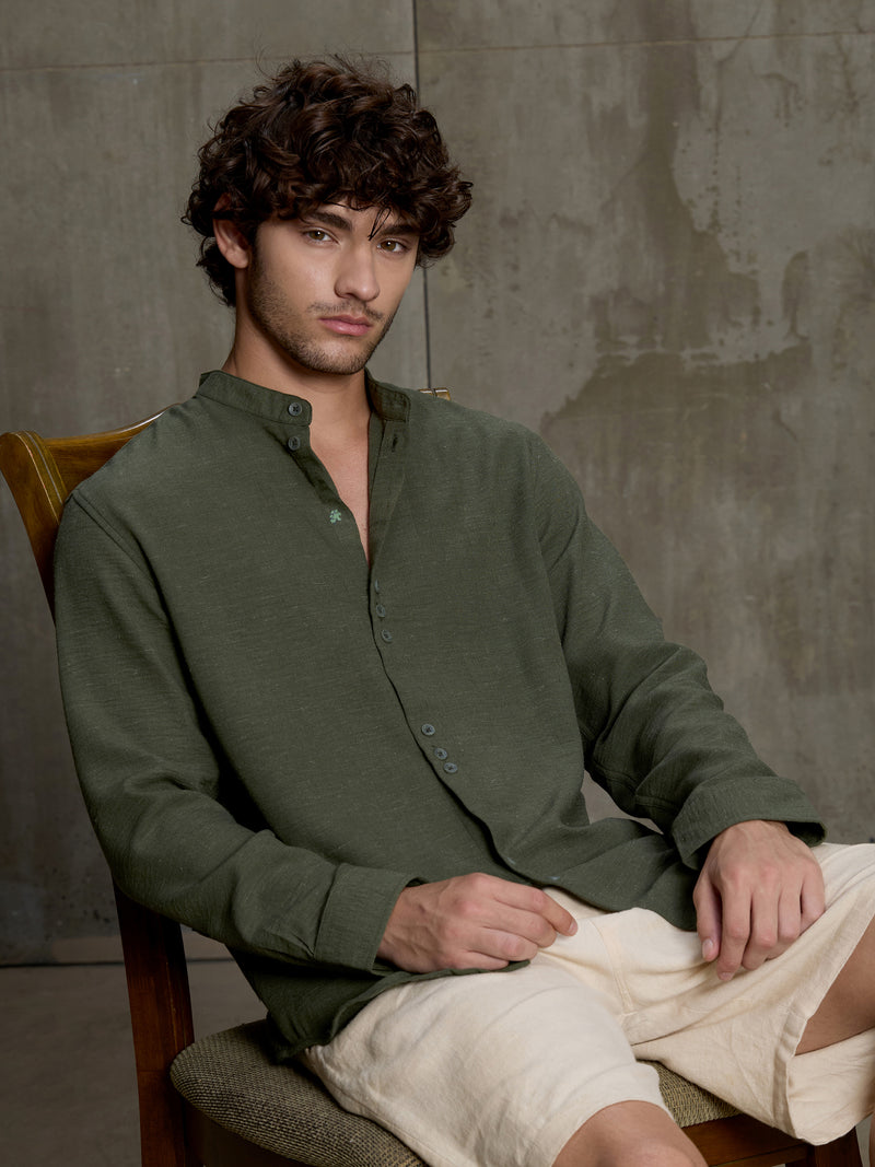 Cahoot Men's Forest Green Hemp Mandarin Collar Shirt With Triple Button Detailing - view 9