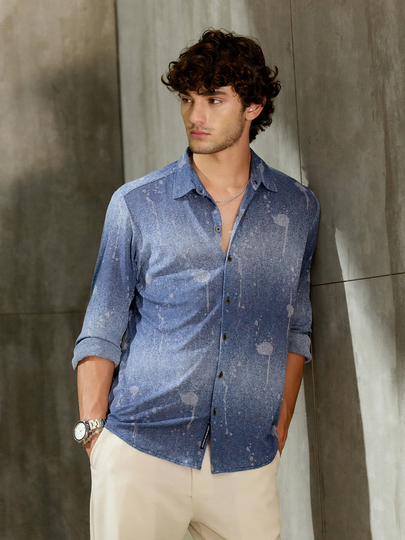 Cahoot Men's Dark Blue Denim Look Printed Stretchable Shirt - view 1
