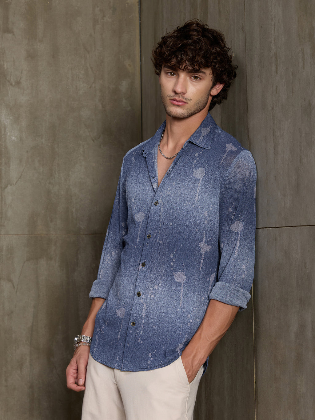 Cahoot Men's Dark Blue Denim Look Printed Stretchable Shirt - view 3