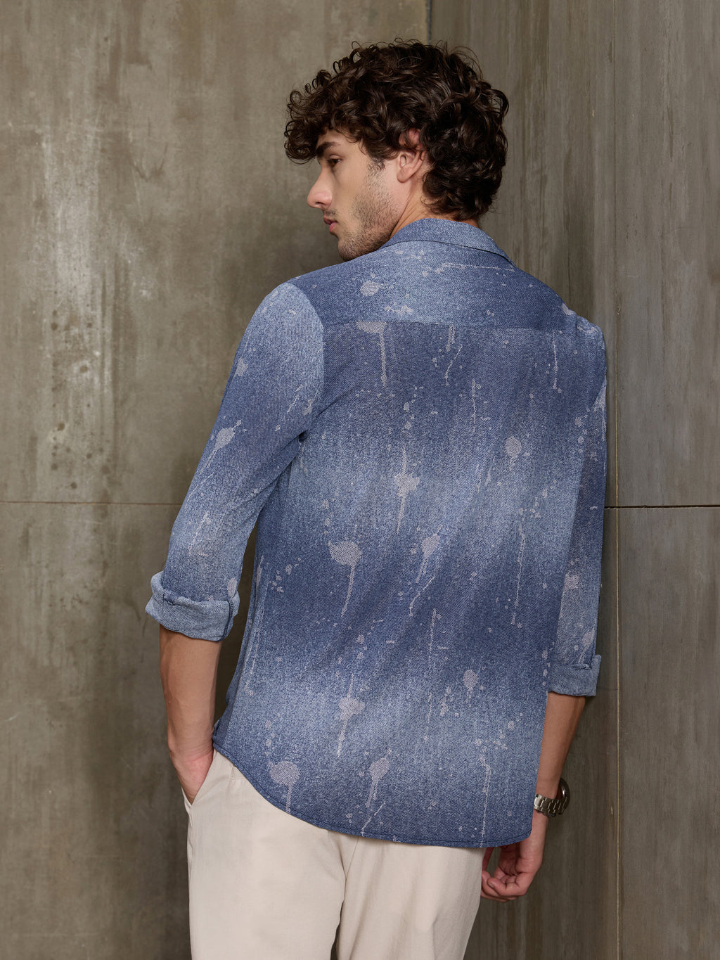 Cahoot Men's Dark Blue Denim Look Printed Stretchable Shirt - view 4