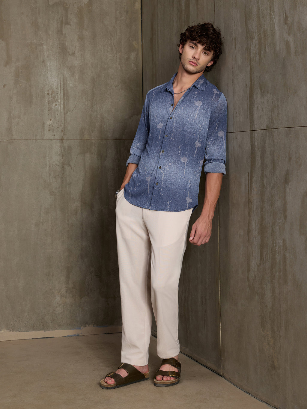 Cahoot Men's Dark Blue Denim Look Printed Stretchable Shirt - view 5