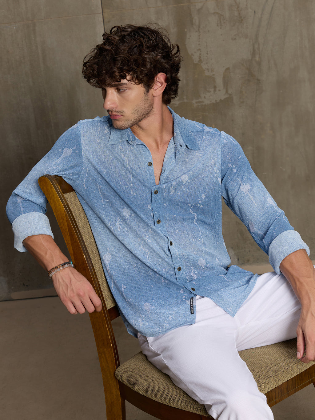 Cahoot Men's Light Blue Denim Look Printed Stretchable Shirt - view 1